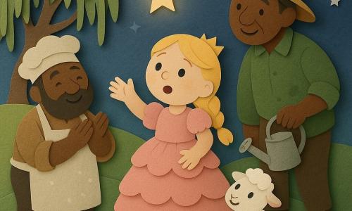 The princess is at the center, round smiling face, blonde braid, pink ruffled dress, amazed gaze and open palm releasing a tiny glowing star into the sky; a bearded baker (about 40) stands at the left foot of the hill in a floury apron, gently clapping; a gardener (about 50) to the right of the baker wears a straw hat and a dirt-stained green shirt, holding a small watering can and leaning toward the princess; a small white lamb with round eyes dances at her feet; a gentle grassy hill with a weeping willow at left and stylized apples on the ground, under a deep blue night sky with silver paper stars; the scene is tender and luminous, with pastel contrasts, paper-like textures, simple composition, and comforting emotions.