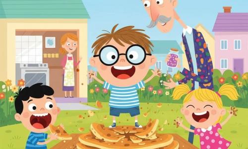 A sunny suburban garden scene: a round-faced 6-year-old boy with messy brown hair and large round glasses stands on tiptoe protecting a huge pancake-cookie on a wooden picnic table, a 6-year-old girl (Lily) with blonde pigtails and a pink polka-dot dress laughs and dances to the right with crumb-filled hands, a 6-year-old boy (Max) with short black hair and a blue striped T-shirt opens his mouth wide like a greedy monster holding a big cookie piece to the left, a tall thin neighbor Mr. Wobblebottom (about 60) with a gray mustache and colorful jacket leans in from behind holding a small jar of magic glitter, the mother (about 30) with tied-up hair and apron smiles near the oven at the kitchen entrance overlooking the garden, the giant cookie-pancake is smashed on the table with flying pieces and crumbs as everyone joyfully shares; bright, contrasting palette, simple shapes, clean outlines, flat textures and minimal shadows, playful cheerful atmosphere.
