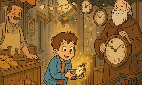 An enthusiastic, wide‑eyed 8‑year‑old boy in a sky‑blue jacket and jeans holds a shiny pocket watch, slightly leaning forward as if he just activated it; to his right stands the Timekeeper, a gentle ~70‑year‑old man with a long white beard and brown robe holding a large wooden clock, and to his left a kindly ~60‑year‑old moustached toy seller in a beige smock stands behind a wooden stall of tops and miniature trains; they are in an old paved market with narrow alleys, colorful wooden stalls, yellow lantern garlands, golden loaves, carved wooden boxes and faded posters in warm late‑afternoon light, while the boy is inside a small tent surrounded by hanging clocks with slowly turning hands and glowing dust motes, creating a magical yet cozy atmosphere.