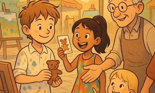 A young man named Leo, with messy light-brown hair and a paint-stained rolled-up-sleeve shirt, is joyful and slightly shy, smiling while holding a small clay bear in his right hand; beside him stands Mia, about nine, with a black ponytail and a colorful dress, excitedly waving an illustrated flyer; Mr. Jasper, around sixty with a wrinkled face, round glasses and a potter's apron, offers the clay bear from slightly behind and to Leo's right; a little blonde girl of about five, holding her mother's hand off-frame, points at the painting in wonder and smiles in front of Leo; the scene is a sunlit cobblestone village square at sunset with colorful tents, easels, bunting and stalls of vivid paints (emerald green, azure blue, mustard yellow); main situation: Leo shares his paintings on a wooden easel, surrounded by curious onlookers and friends, in a warm, convivial, creative moment as he receives the small bear gift, with gentle expressions and warm colors.