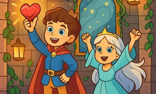 A 12-year-old prince stands by a shimmering pond, holding a bright Heartstone in his hand. He has curly brown hair, sparkling determined eyes, and a proud beaming smile. Beside him, an 11-year-old princess with long silver hair and star-bright eyes raises her arms in joy, her clothes floating around her like clouds of silk. The setting is a secret chamber in an ancient castle, with stone walls adorned with green vines and floating lanterns casting a soft golden light. In the center, a large mirror framed with sparkling vines reflects the magic of the moment. The main scene shows the prince and princess celebrating her liberation, surrounded by an aura of magical light, with bursts of joy and adventure in the air, symbolizing their friendship and courage.