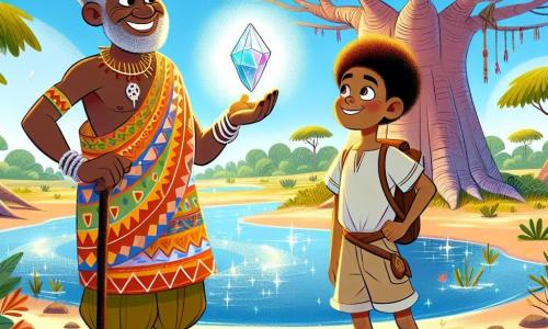 In the center of the image, the main character, Chief Kofi, is a middle-aged man with a broad smile and wise, bright eyes. He wears a colorful tunic adorned with African patterns and holds the sparkling "Stone of Harmony," which emits a soft glow. His expression is determined and full of hope as he stands by the river. Next to him, Kwame, a robust and brave young man of about 20, has curly hair and wears lightweight shorts. He looks at Chief Kofi with admiration, ready to assist him in their quest. In the background, a majestic Baobab tree stands with its branches spread wide like welcoming arms, surrounded by lush greenery. The river sparkles under the sun, and colorful birds fly in the blue sky. The scene depicts Chief Kofi and Kwame standing by the river, ready to restore harmony between the river spirits and the trees, with the Stone of Harmony lighting their path.