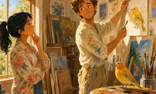 A thirty-something male artist with tousled brown hair, a paint-spattered shirt and canvas trousers smiles shyly with dreamy eyes while holding a wet brush as he hangs his drawing of a yellow bird near the window; Mia, about 28, with black hair in a ponytail and a light floral jacket, stands by the left window with a kind look and thumb on her chin; a small real bird with bright yellow and orange feathers perches on a wooden palette to the right of the worktable; the bright studio has a large skylight casting a golden ray, walls covered in sketches and stacked canvases, glass jars of brushes and paint-splattered wooden floors, creating a warm, tender, encouraging atmosphere.