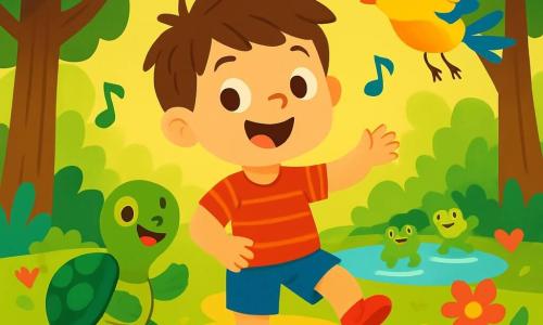 Um menino de 4 anos, com cabelo castanho bagunçado e olhos brilhantes de alegria, dança entusiasticamente no meio de uma floresta encantada. Ele usa uma camiseta vermelha listrada e um short azul, e seu sorriso radiante mostra o quanto está se divertindo. Ao seu lado, uma pequena tartaruga chamada Teca, com uma carapaça verde e olhos travessos, bate as patas em ritmo, enquanto um pássaro colorido chamado Pipoca, com penas amarelas e azuis, voa ao redor cantando alegremente. A cena acontece em uma floresta exuberante, com árvores altas de folhas verdes brilhantes, flores coloridas espalhadas pelo chão e uma suave luz dourada filtrando através dos galhos. Ao fundo, um pequeno lago cintilante é cercado por rãs que pulam alegremente ao ritmo da música. Os três amigos se divertem criando sua própria música, cantando e dançando, cercados pela magia da natureza, rindo juntos em um ambiente alegre e festivo.