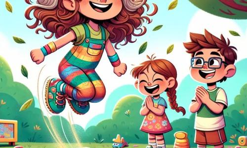 Uma menina de 8 anos, Lúcia, com cabelos cacheados e desgrenhados de cor castanho claro, usa uma combinação colorida e tem um grande sorriso no rosto, cheia de energia e determinação. Ela está em cima de uma caixa de sapatos, pronta para pular, com os braços levantados para o céu, cercada por folhas que voam ao seu redor. Ao lado dela, um garoto chamado João, de 9 anos, com cabelos castanhos e óculos, ri enquanto a encoraja, de braços cruzados, um pouco afastado, com uma expressão admirativa. Clara, outra menina de 8 anos, com cabelos loiros trançados, está sentada na borda da caixa de areia, rindo e aplaudindo Lúcia, com os olhos brilhando de alegria. O cenário é um parque ensolarado, com um céu azul claro e árvores verdes ao fundo. A caixa de areia é cercada por brinquedos coloridos e flores vibrantes, criando uma atmosfera alegre e animada. A situação principal mostra Lúcia pulando da caixa de sapatos, pronta para realizar um salto audacioso, enquanto seus amigos a encorajam entusiasticamente, criando uma atmosfera de desafio e camaradagem.