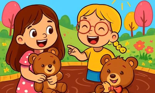 Există 3 personaje: - Ana: o fetiță de 7 ani cu părul lung și castaniu și ochi strălucitori. Poartă o rochie roz cu buline albe și ține în brațe o jucărie de pluș. Se află în stânga, zâmbitoare și plină de energie. - Maria: o fetiță de 6 ani cu părul blond împletit și ochelari rotunzi. Poartă un tricou galben și o pereche de pantaloni scurți din blugi. Este în centru, râzând și arătând spre lacul de ciocolată. - Pufoșel: un ursuleț de pluș maro cu un mic fundiță roșie în jurul gâtului. Este așezat pe o insulă de biscuiți în centrul imaginii, degustând un biscuit cu o expresie veselă. Locul acțiunii principale este un lac de ciocolată splendid, strălucind sub soare. Malurile în formă de biscuiți înconjoară lacul, iar flori colorate cresc în jur, adăugând o notă de magie. În depărtare, se văd copaci din bomboane și nori din bezea. Situația principală a poveștii arată cum Ana și Maria râd și se distrează, pregătindu-se să se alăture lui Pufoșel pe insula de biscuiți, unde împărtășesc momente vesele și dulci, înconjurați de o atmosferă de vis și fericire.
