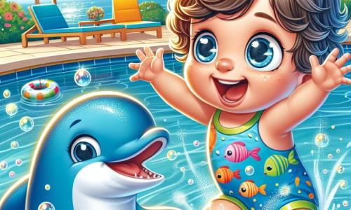 Un bambino di 2 anni, di nome Luca, con capelli ricci castani e grandi occhi scintillanti di gioia, sta giocando in una piscina. Indossa un costume da bagno colorato con motivi di pesci e schizza acqua con le sue manine, mostrando un grande sorriso meravigliato. Accanto a lui, un delfino magico di nome Blu, con pelle blu brillante e occhi birichini, salta nell'acqua, creando spruzzi scintillanti attorno a loro. La scena si svolge in una piscina soleggiata, circondata da palme verdi e lettini colorati, con bolle d'acqua che fluttuano nell'aria. Luca, entusiasta, cerca di seguire Blu nuotando, mentre il delfino lo incoraggia con gesti gioiosi, mostrando quanto sia divertente giocare in acqua.