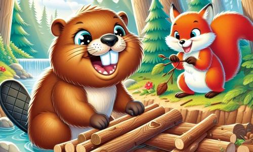 Un pequeño castor de grandes dientes blancos y pelaje marrón claro, con ojos brillantes de alegría, sonríe ampliamente mientras construye una hermosa presa de madera al borde de un arroyo reluciente. Junto a él, una ardilla de pelaje rojizo y ojos vivos, con una expresión juguetona, recoge ramitas y hojas para ayudar a su amigo, saltando con entusiasmo. Un zorro de pelaje naranja brillante, con un aire amistoso y curioso, observa la escena desde una roca, listo para ayudar. El entorno es un encantador rincón del bosque, donde majestuosos árboles de hojas verdes vibrantes se alzan a su alrededor, y flores coloridas salpican el suelo, mientras un suave rayo de sol filtra a través de las ramas, iluminando toda la escena. La situación principal muestra al castor y sus amigos trabajando juntos, unidos por la amistad, para construir una presa, simbolizando su colaboración y alegría compartida.