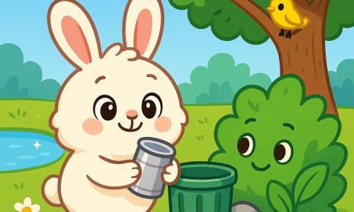 A small fluffy white rabbit with long pink ears and a proud, joyful expression holds a silver can and calmly deposits it into a green metal trash bin by a rock in a sunny meadow; to the right a shy broad‑leafed shrub leans encouragingly, a large brown‑trunked tree with a dense green crown shelters the scene with colorful songbirds perched on a branch, while daisies and poppies dot the grass, a clear dirt path leads to the bin and a small pond to the left reflects the blue sky.