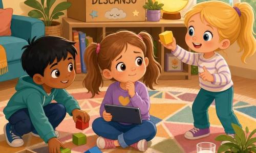 Hay tres niños de seis años: una niña de cabello castaño en dos coletas, ojos grandes y rostro redondo, sentada en el centro sobre la alfombra con una pequeña tableta apagada en las rodillas, mirada aliviada y pensativa; a la izquierda, un niño de cabello negro corto y piel clara, agachado recogiendo bloques rojos y verdes y mirando a la niña para tranquilizarla; a la derecha, una niña rubia en coleta con pecas, de pie y enérgica, mostrando un bloque amarillo llamado semáforo en actitud de ánimo. El salón es cálido y luminoso con una gran ventana, alfombra geométrica, mesa baja con una taza de leche y una tostada, plantas y una lámpara amarilla en forma de luna; en una estantería hay una caja de cartón decorada con la palabra DESCANSO. Situación: momento tranquilo de transición tras la pantalla: cierran la tableta, decoran juntos la caja de descanso y preparan un juego de bloques, ambiente tierno y seguro, colores pastel suaves, foco en los rostros expresivos y las manos hacia los bloques y la caja.