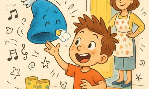 Un ragazzo di 6 anni, capelli castani a punta che fanno “boing”, viso rotondo e lentiggini, sorpreso e ilare, tocca con un dito un cappellino blu con pon pon; il cappellino è animato, ha un piccolo campanellino dorato, occhi gioiosi disegnati e una piuma bianca che spunta, sta starnutendo e spruzza una nuvola di glitter. La madre, circa 30 anni, appare nell’anta della porta della cucina con sorriso dolce e grembiule a fiori, mano sul fianco, osservando la scena. La scena si svolge sullo zerbino d’ingresso di un appartamento colorato con piastrelle a righe, porta gialla aperta, stivali di gomma a pois e giocattoli sparsi. Situazione principale: il cappellino salta sulla testa del ragazzo e la piuma gli solletica il naso; il ragazzo ride a crepapelle e piccole note musicali e doodle di risate (spirali, stelle) fluttuano intorno.