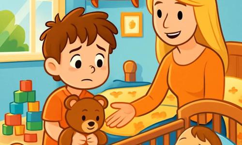 Un ragazzo di 6 anni, Matteo, con i capelli castani in disordine e gli occhi pieni di curiosità, si trova nella sua camera. Ha un'espressione sia preoccupata che determinata, stringendo il suo orsetto di peluche. Accanto a lui, sua madre, una donna sorridente di una trentina d'anni con lunghi capelli biondi, lo incoraggia con uno sguardo dolce, seduta sul bordo del letto. La camera è piena di colori vivaci: pareti dipinte di azzurro, scaffali carichi di giocattoli e libri, e un lettino con lenzuola a motivi di animali. In fondo, un angolo giochi decorato con mattoncini multicolori. La scena principale mostra Matteo che, sebbene nervoso, si avvicina alla culla del suo nuovo fratellino, un neonato addormentato, con un sorriso timido. Raggi di luce filtrano dalla finestra, illuminando la scena con una dolce calore, mentre giocattoli sparsi intorno aggiungono un tocco ludico all'atmosfera.