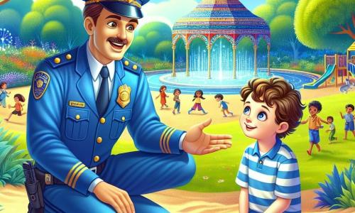 Un policía llamado Juan aparece con una gran sonrisa cálida, vistiendo un uniforme azul brillante que reluce bajo el sol. Tiene músculos bien definidos y cabello castaño peinado hacia atrás, y está agachado en el parque hablando con un niño. El niño, Lucas, de aproximadamente 7 años, tiene el cabello rizado y ojos llenos de curiosidad. Está sentado en la arena, con las manos en las rodillas, escuchando atentamente a Juan con una mirada admirativa. El parque es verde, con árboles majestuosos y un área de juegos colorida al fondo. Niños juegan alegremente y una fuente brilla en el centro, añadiendo un toque de magia a la escena. La situación principal muestra a Juan explicando su trabajo de policía a Lucas, quien parece fascinado por las historias de valentía y ayuda mutua, mientras otros niños juegan alrededor, creando una atmósfera de camaradería y alegría.