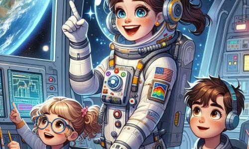 Na środku obrazu znajduje się astronautka Maria Kowalska z szerokim uśmiechem i błyszczącymi oczami. Ma na sobie białe skafander z kolorowymi naszywkami i przezroczysty kask, który odsłania jej brązowe włosy związane w kucyk. Pokazuje ekran kontrolny, wskazując na fascynujące dane. Obok niej stoi mała dziewczynka Kasia, około 8-letnia, z kręconymi blond włosami i okrągłymi okularami, z zachwytem patrząca na ekran. Trzyma w rękach mały notes, gotowa do robienia notatek. Chłopiec Tomek, 9-letni, z brązowymi włosami i żywymi oczami, pochyla się nad tablicą okablowania, skoncentrowany na naprawie. Ma na sobie nieco za duży skafander, co dodaje mu uroku. Tło to stacja kosmiczna 