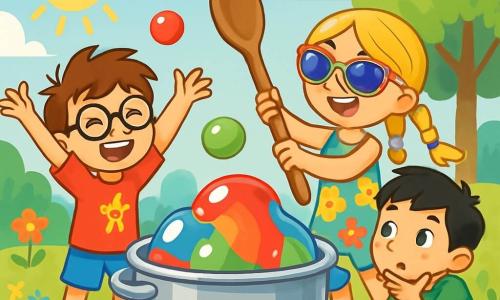Hay 3 personajes: - Lucas: Un niño de 7 años, con cabello castaño alborotado y gafas redondas. Lleva una camiseta roja con un superhéroe y un short azul. Está de pie, con los brazos levantados y una gran sonrisa, frente a una gran olla. - Valeria: Una niña de 7 años, con cabello rubio largo trenzado y gafas de sol coloridas. Lleva un vestido de flores y sandalias. Está al lado de Lucas, agitando una cuchara gigante con entusiasmo. - Pedro: Un niño de 7 años, con cabello negro y pecas en la cara. Lleva una camiseta verde y pantalones cortos. Está agachado cerca de la olla, observando la gelatina gigante con ojos muy abiertos, con una mano en la barbilla. El lugar es un jardín soleado, lleno de flores coloridas y árboles verdes. En el centro, una enorme olla de metal brilla bajo el sol, desbordando gelatina multicolor que brilla con reflejos rojos, azules, verdes y amarillos. Globos de gelatina flotan alegremente en el aire, creando un ambiente festivo y alegre. La situación principal muestra a los tres amigos en plena acción, rodeados de globos de gelatina que vuelan a su alrededor. Lucas y Valeria ríen mientras lanzan globos, mientras que Pedro, maravillado, mira la gelatina gigante que parece lista para estallar de alegría.