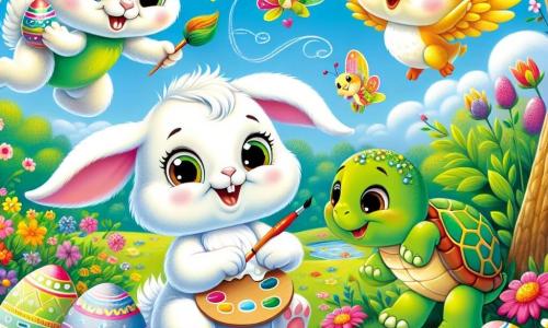 Pippino, un coniglietto bianco con grandi orecchie, salta di gioia in un giardino colorato, sorridendo. Tiene una tavolozza di pittura in una zampa, circondato da uova di Pasqua decorate. Tina, una tartaruga con il guscio verde, dipinge un uovo verde vicino a un cespuglio, concentrata e felice. Pippo, un passerotto giallo, vola sopra Pippino con un uovo giallo tra le zampe, eccitato. Bella, una farfalla rosa, danza intorno a loro, sorridente e vivace. Il giardino è un quadro vivente, pieno di fiori colorati e alberi verdi, con il sole che splende. Pippino e i suoi amici si preparano per la caccia alle uova di Pasqua, circondati da risate e colori, pronti per un'avventura indimenticabile.
