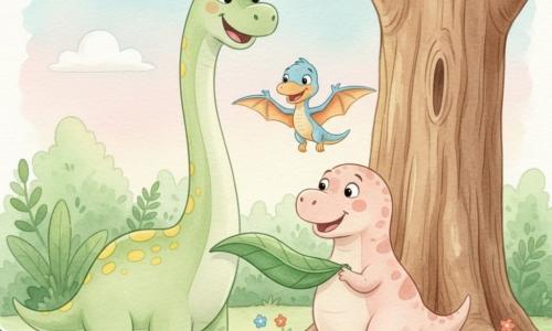 A friendly scene in a bright prehistoric forest: a long-necked light-green diplodocus with yellow spots stretches to pick a shiny leaf; Pip, a small blue-and-orange pterodactyl, hovers above its shoulder; Trixie, a round pale-pink T‑rex, stands by the tree with a friendly smile; they share the big green leaf while laughing beneath a huge tree with glossy foliage, colorful flowers and a soft pastel sky.