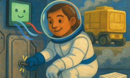 Uma mulher, Leonor, engenheira espacial de cerca de 35 anos, rosto redondo e sorridente, cabelo curto castanho, expressão calma e determinada, agachada com uma combinação espacial branca com detalhes azuis e capacete translúcido, usando uma pinça magnética para retirar uma pequena porca metálica que desbloqueia um portão; uma IA secundária, NIA, aparece num ecrã quadrado lateral da cabine com um rosto simples de dois pontos e um traço sorridente em luz verde suave, projetando linhas de fluxo de ar azuis e vermelhas; ao fundo à direita, um cargueiro amarelo maciço, forma retangular com rodas magnéticas e pequenas luzes piscantes, permanece imóvel; local: Porto Aurora, setor D, oficinas metálicas com braços mecânicos articulados, paredes em painéis prateados e chão de metal estriado, nuvem de pó cinzento a começar a assentar, painéis luminosos a mudar de vermelho para verde; situação: Leonor retira a peça que libera o portão que se fecha com um 
