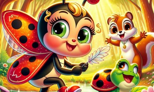 Una piccola coccinella di nome Lulù, con ali rosse brillanti decorate da piccoli punti neri, vola felicemente sopra un radura soleggiata, il suo viso splendente di eccitazione e determinazione. Accanto a lei, un piccolo scoiattolo dagli occhi scintillanti e pelo marrone, chiamato Scoiattolo, scala agilmente un albero, osservando Lulù con un sorriso incoraggiante. Non lontano, una rana verde e sorridente, chiamata Rana, si trova su una foglia di ninfea, cantando allegramente per motivare i suoi amici. Il paesaggio è una radura incantata, immersa in una luce dorata, circondata da alberi maestosi con foglie brillanti, e fiori colorati sparsi sul terreno. Al centro della scena, Lulù si prepara a partire per un'avventura, tenendo una piuma scintillante tra le sue piccole zampe, pronta a portarla al pavone reale, mentre i suoi amici la incoraggiano con entusiasmo.