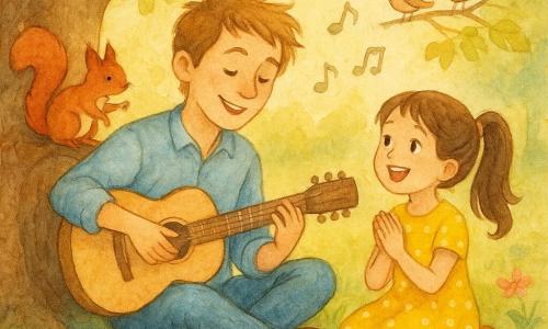 A man named Theo with a sweet, smiling face and messy light brown hair sits against a large maple trunk holding a light-wood guitar, playing a delicate arpeggio with relaxed, focused joy. A girl named Lily, about 7–8, brown hair in a ponytail and wearing a yellow polka-dot dress, sits to Theo’s right on the grass, singing and clapping her hands, enthusiastic. A bright red squirrel on a low branch taps a paw as if keeping rhythm near the left side. The scene is a sunny garden under a large maple with green-and-golden leaves, speckled grass, a few pink and blue wildflowers, a small rock used as a music stand with an open notebook and pencil, soft afternoon light filtering through the leaves. It’s an intimate, joyful mini-concert with stylized music notes in the air, birds seeming to sing, a warm tender atmosphere, warm colors (yellow, green, brown with touches of red), visible paper texture, soft childlike watercolor rendering, close framing to show expressions and the guitar.