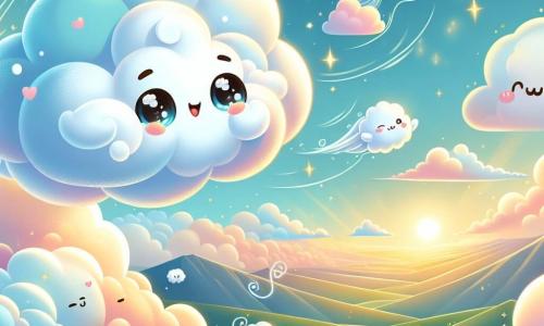 Nimbus, a small soft and fluffy cloud like a marshmallow, joyfully floats in the sky, its eyes sparkling with curiosity and excitement. It is surrounded by pastel shades, with glimmers of light dancing around it as it listens attentively to the whispers of the wind. Cirrus, a fine and ethereal cloud, stands nearby, its floating filaments like hair in the wind. She has a dreamy and admiring look, watching Nimbus with an encouraging smile. Cumulus, a jovial and plump cloud, is jumping for joy, its rosy cheeks and enthusiastic expression ready to embark on an adventure. The scene takes place on Windpeak, a mountain summit where the sky meets the clouds. The landscape is dotted with colorful clouds, offering a breathtaking view of lush valleys below, bathed in golden light, while sunbeams pierce through the clouds. The main situation shows Nimbus taking flight, determined to follow the whispers of the wind, surrounded by its cloud friends who encourage it to explore the world beyond their valley.
