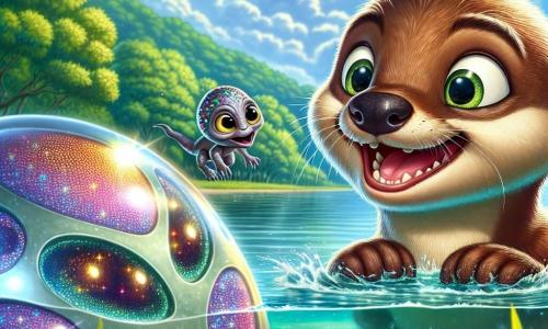 Ollie, a mischievous young otter with shiny brown fur and sparkling curious eyes, joyfully swims in the crystal-clear waters of Lake Waverly, a wide smile lighting up his face. He splashes around while marveling at a shimmering metallic pod that has just opened at the water's surface. Nearby, Zylor, a small alien with multicolored scales that shine like stars, floats in the air, his large expressive eyes filled with surprise and excitement. He reaches out toward the pod, fascinated by what he discovers in this new world. The setting is a peaceful lake surrounded by lush green hills, with colorful flowers lining the shore and a bright blue sky dotted with fluffy white clouds. Sunlight reflects off the water, creating sparkling glimmers. The main scene shows Ollie and Zylor discovering the mysterious alien pod together, symbolizing the beginning of their incredible adventure and budding friendship in a world filled with magic and curiosity.