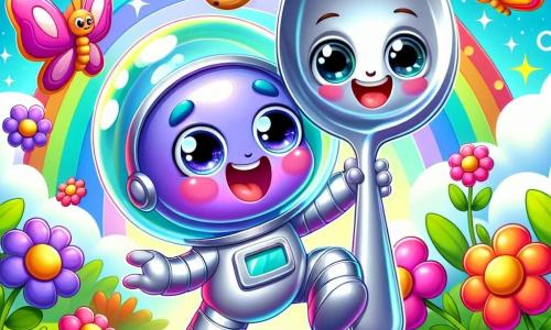 A small alien with shining eyes and sparkling purple skin, dressed in a silver suit, expresses overflowing joy by jumping happily in a colorful garden. Next to it, a small metal spoon with a radiant smile watches in wonder, its silver reflections capturing the sunlight. The garden is filled with bright flowers, fluttering butterflies, and a blue sky dotted with fluffy white clouds. The main scene shows the alien and the spoon preparing cookies, surrounded by colorful ingredients, while a gentle breeze makes the flower petals dance around them.