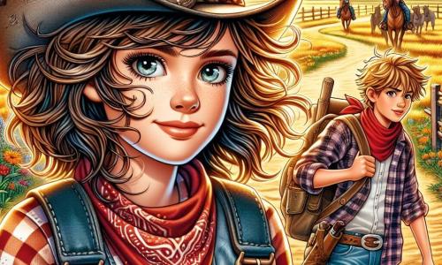 Młoda cowgirl, Emma, znajduje się w centrum obrazu, z brązowymi włosami powiewającymi na wietrze. Ma na sobie zużyty kapelusz kowbojski, czerwoną flanelową koszulę w kratę i dżinsy. Jej twarz wyraża determinację i ekscytację, z błyszczącymi oczami i pewnym uśmiechem. Obok niej jej najlepszy przyjaciel Joe, dziesięcioletni chłopiec, ma rozczochrane blond włosy i czerwony bandana na szyi. Trzyma w rękach mapę, przyglądając się horyzontowi z ciekawością. Tło to rozległa złota preria, usiana kolorowymi dzikimi kwiatami, z majestatycznymi górami w tle, których szczyty muskały białe, puszyste chmury. Niebo jest jasnoniebieskie, a słońce świeci intensywnie, rzucając łagodne cienie na ziemię. Główna sytuacja przedstawia Emmę i Joe stojących na rozdrożu, badających ślady koni na zakurzonej ziemi. Wyglądają na gotowych do wyboru drogi, zdeterminowani, by odnaleźć zaginioną karawanę, otoczeni dzikim pięknem natury.