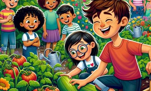 Een 12-jarig jongen, Sander, met rommelig kastanjebruin haar en sproeten op zijn neus, glimlacht vrolijk met zijn handen vol aarde terwijl hij zich bukt om tomatenplanten water te geven in een mooie gemeenschappelijke tuin. Naast hem staat een 11-jarig meisje, Yasmin, met zwart haar in een paardenstaart en een roze t-shirt, die een kleine schep vasthoudt en lacht terwijl ze naar Sander kijkt. Een 12-jarige jongen, Bram, met blond haar en een bril, staat iets verderop en haalt trots en met een glimlach een grote courgette uit de grond. 

De tuin is gevuld met kleurrijke bloemen, goed onderhouden rijen groenten en grote zonnebloemen die zachtjes in de wind wiegen. Op de achtergrond zijn glimlachende buren te zien die zich rond een tafel verzamelen voor een buurtfeest, met papieren slingers en zwevende ballonnen. 

De scène toont Sander en zijn vrienden die samen werken, lachen en plezier hebben terwijl ze voor de planten zorgen, wat de geest van vriendschap en gemeenschap tijdens de zomervakantie illustreert.