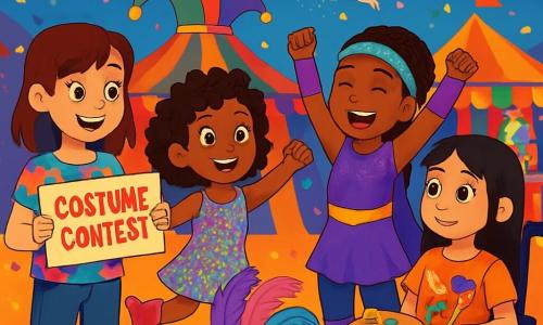 There are 4 children: - Zoey: A 10-year-old girl with brown hair and a purple streak. She wears a colorful patterned t-shirt and jeans, holding a costume contest sign with excited eyes. - Maya: A 9-year-old girl with curly hair and a big smile. She is roller-skating, dressed in a multicolored sequin dress, posing dynamically, ready to take off. - Lila: An 11-year-old girl with straight black hair, sitting in a wheelchair decorated with twinkling lights. She wears a carnival-themed t-shirt and holds a paint palette, ready to create. - Amara: A 10-year-old girl with braided hair and a shiny headband, dressed in a sparkling superhero costume. She stands in the center, arms raised, full of energy. The setting is a large carnival square filled with brightly colored floating lanterns, candy stands with multicolored sweets, and a giant jester hat-shaped tent. Confetti falls from the sky, adding a magical touch to the festive atmosphere. The main scene shows the four friends gathered around a large costume chest overflowing with feathers, sequins, and quirky accessories. They enthusiastically exchange ideas, trying to create the most amazing costume for the contest, while a mischievous fairy watches them with a smile.