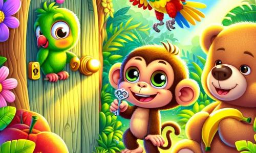 A little monkey named Milo, with soft brown fur and sparkling curious eyes, stands in front of a small wooden door hidden in a tree trunk. He has a joyful and excited expression, holding a shiny key in his small hand. Next to him, a colorful parakeet named Polly, with bright green and yellow feathers, is joyfully flying and twirling in the air. A large and chubby teddy bear named Benny, with light brown fur, stands near Milo, smiling and holding a banana in his paws. In the background, a lush jungle stretches out, filled with large green leaves, colorful flowers, and sunlight filtering through the branches. The scene shows Milo and his friends discovering the mysterious door, ready to enter a world filled with fun surprises and fruity delights.