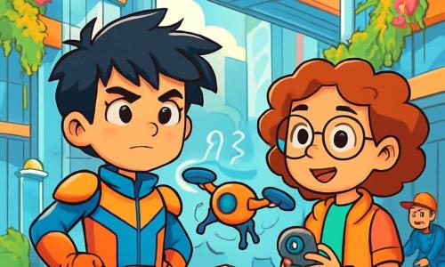 A 10-year-old boy, Leo, with messy black hair and sparkling curious eyes, stands in front of a malfunctioning drone. He wears a bright-colored futuristic suit and looks determined. Next to him is his best friend Maya, a 10-year-old girl with curly hair and round glasses, observing the drone with an intrigued smile, holding a small gadget in her hand. The scene takes place in Solar District, a bustling street in SkySpark City, where shimmering glass buildings rise into the sky, adorned with vibrant hanging gardens. Hover-trams pass overhead, and cleaning robots glide silently on the sidewalks. Leo and Maya stand before the drone, which is spinning around, packages falling around them, while worried engineers try to fix it. The air is filled with a sense of mystery and excitement as Leo prepares to discover what's wrong with the drone.