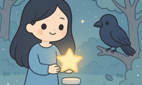 Miralda, a woman with long black hair like the night and eyes shining with kindness, gently holds a luminous star in her hands. She smiles softly, standing in a clearing bathed in silvery light. An old crow, with blue-black feathers and eyes sparkling with wisdom, is perched on a low branch next to her. The clearing is surrounded by majestic trees whose leaves glisten under the starlight. At the center, a star brighter than the others rests on a white stone pedestal, illuminating Miralda's face with a golden glow.