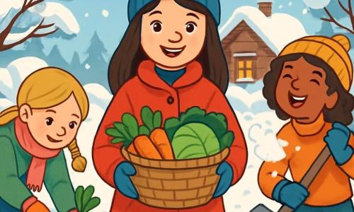 There are three characters: Sophie, a 10-year-old girl with long brown hair, wearing a bright red coat and a blue wool hat, is in the center, smiling and holding a basket full of vegetables. Anya, a 10-year-old girl with braided blonde hair, dressed in a pink scarf and a green jacket, is to the left of Sophie, picking carrots in the garden. Mia, a 10-year-old girl with curly hair and a yellow knitted hat, is to the right of Sophie, holding a shovel and laughing as she throws snow into the air. The setting is a winter garden covered in a thick layer of sparkling snow under the sun, surrounded by trees with snow-laden branches, and an old wooden chalet stands in the background with smoke rising from the chimney. The main scene shows the three friends having fun together, preparing the garden for winter, surrounded by colorful vegetables and gently falling snowflakes.