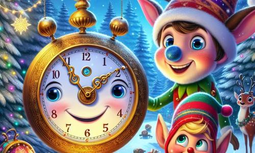 Un orologio a pendolo di nome Tic, con un volto amichevole e lancette dorate che scintillano, si trova al centro della scena, mostrando un'espressione di curiosità e meraviglia. È circondato da fiocchi di neve che cadono dolcemente. Alla sua destra, un elfo di nome Elio, con un grande cappello colorato e orecchie a punta, sorride entusiasta mentre tiene un sacchetto pieno di giocattoli, pronto ad aiutare Tic nella sua missione. A sinistra, una renna dagli occhi scintillanti, Rudolph, con un naso rosso luminoso, guarda Tic con benevolenza, come per incoraggiarlo nella sua avventura. Lo scenario è una foresta incantata, con alberi coperti di neve scintillante e luci di Natale che illuminano i rami, creando un'atmosfera magica. Sullo sfondo, un grande albero di Natale maestoso, decorato con ghirlande colorate, brilla sotto la luna. La situazione principale mostra Tic, Elio e Rudolph uniti nella loro ricerca delle gemme magiche per salvare il Natale di Nevon, con espressioni determinate sui volti, pronti ad affrontare le sfide che li attendono.