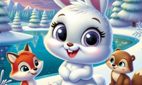 Flurry, a small snow bunny with sparkling eyes and shimmering white fur, joyfully sits by a frozen lake, attentively listening to the gentle whispers of winter stories. She has a big smile on her face, her little ears perked up, and she holds a small snowball in her front paws. Next to her is Benny, a brown bear with gentle eyes and thick fur, who gazes at the lake in wonder. He looks curious and happy, sitting on his hind legs, ready to listen to magical tales. A little further away, Lily, a bright red fox with a bushy tail, approaches playfully, her eyes sparkling with mischief, eager to share her own winter stories. The setting is a beautiful winter landscape, with majestic trees covered in sparkling snow, a light blue sky dotted with falling snowflakes, and the frozen lake reflecting the colors of the sunset. The scene shows Flurry, Benny, and Lily gathered, listening to the whispers of winter stories floating in the air, surrounded by the magic of winter and friendship.