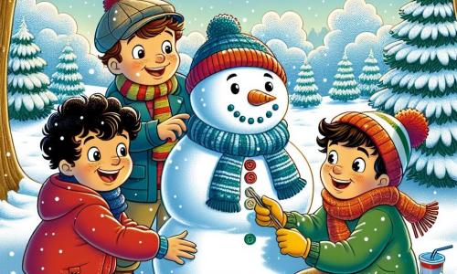 Three boys, Max (8 years old, with curly brown hair, wearing a red jacket and a beanie), Leo (7 years old, with smooth blonde hair, dressed in a blue jacket and a colorful scarf), and Ben (8 years old, with short brown hair, wearing a green jacket and yellow gloves), are building a large snowman in a winter landscape. Max is crouched down, rolling a snowball for the body, while Leo places buttons on the snowman's face. Ben, standing next to him, holds a carrot ready to use as a nose. The setting is a snowy park with trees covered in sparkling snow under a clear blue sky, and snowflakes gently falling. In the background, a snow-covered hill invites sledding, and footprints in the snow show the path they took. The main scene depicts the three friends, happy and focused, creating their snowman, symbolizing friendship and the magic of winter.