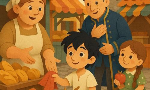 Aladdin, a round-faced expressive boy with messy black hair and big gentle eyes, shyly smiles and offers a small red scarf from a wicker basket, humble posture and open hand; a baker (about 40) with flour-dusted cheeks and a beige apron receives it with surprise, standing by a stall of golden breads to Aladdin's left; a proud merchant (about 50) in a midnight-blue gold-embroidered coat, hair slicked back, hand on his heart in surprise, slightly behind and leaning forward; a little apple seller (about 8) in a green polka-dot dress with brown braids sits on a small barrel to Aladdin's right holding a red apple and looking grateful; a small polished metal magic lamp in the basket emits a soft golden glow; a singing sparrow perches on the basket rim tilting its head toward Aladdin; setting: cobbled market square with painted wooden stalls, fabric banners between orange-tiled roofs and a large stone clock in the background, warm sunlight and soft shadows; main scene: an act of giving and gentle transformation—centered composition, clear expressions, warm colors contrasted by the deep blue coat, simple paper-cut textures, clean outlines and child-friendly shapes