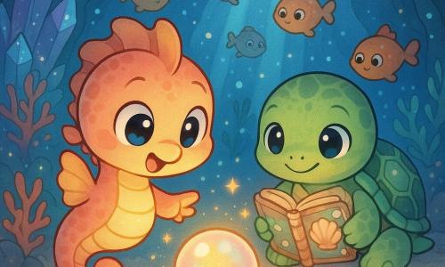 Un căluț-de-mare chibi coral-galben cu ochi mari și zâmbet uimit întinzând o înotătoare către o perlă irizată care emite o lumină aurie și deschide paginile unui carnet cu scoici; în spate o broască țestoasă chibi cu carapace verde și motive sidefate ține carnetul, în jur înotă peștișori curioși, scena are loc într-o grotă subacvatică cristalină cu corali colorați, raze albastre și particule luminoase, atmosferă magică, compoziție centrată, culori pastel saturate și contururi clare.
