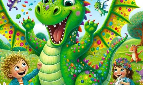 Een groene draak genaamd Daan, met grote glinsterende vleugels en ondeugende sprankelende ogen, danst vrolijk te midden van een groepje kleine gekleurde draakjes die om hem heen cirkelen. Daan heeft een brede glimlach, zijn schubben glinsteren in de zon en hij zwaait enthousiast met zijn staart. Naast hem staat Flip, een 8-jarig jongetje met krullend haar en een gestreepte shirt, die luid lacht terwijl hij zijn armen in de lucht steekt, klaar om met zijn draakenvriend te dansen. Lila, een 7-jarig meisje in een bloemenjurk met een grappige kleurveranderende hoed, zit op het gras te lachen en deelt snacks met nieuwsgierige konijntjes om haar heen. De scène speelt zich af in een groen veld vol kleurrijke bloemen en grote snoepbomen, onder een stralende blauwe lucht met enkele fluffy wolken. De hoofdsetting toont Daan de draak en zijn menselijke vrienden die samen vrolijk dansen, omringd door kleine draakjes en konijntjes, wat een feestelijke en magische sfeer creëert, vol lachen en geluk.