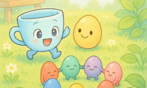 Kleine anthropomorphe Tasse hellblau mit großen runden Augen und fröhlichem Lächeln, sie hüpft leicht im Gras und winkt mit einem kleinen Henkel wie einer Hand, daneben ein gelbes lächelndes Ei, glatt und glänzend, rote, blaue, grüne und violette Eier bilden einen kleinen Kreis und halten unsichtbare Hände, ein scheues kleines cremefarben gesprenkeltes Ei versteckt sich hinter einem grünen Blatt, ein leichter bunter Schmetterling fliegt darüber, sonniger Garten mit hellem grünem Rasen, kleinen weißen Gänseblümchen, großem weichem Laub und einem hellen Holztisch im Hintergrund, blassblauer Himmel, Hauptsituation: freundliche fröhliche Ostereiersuche, die Figuren versammeln sich im Kreis zum Singen und Tanzen, sanfte Stimmung, leuchtende Farben, einfache Formen und runde Silhouetten für Kleinkinder, weicher Manga-Stil mit abgerundeten Zügen, klaren Konturen, glatten Texturen sowie warmem Licht und sanften Kontrasten
