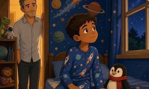 Un niño de 10 años, expresión dulce y algo pensativa, rostro redondo, cabello castaño corto, ojos grandes y luminosos, en pijama azul con motivos de cohetes, sentado al borde de una cama de madera mirando por la ventana. Un hombre adulto (padre) de unos 38 años, aspecto cálido, cabello corto canoso, camisa clara arremangada, sonríe suavemente desde la puerta del pasillo con la mano en el marco como despidiéndose. Un pingüino de peluche negro y blanco con bufanda roja sobre la cubierta, recuerdo de salidas al zoológico. La habitación, iluminada suavemente, tiene un gran mural espacial con planetas coloridos, estrellas doradas y una nave estilizada, una estantería con libros y juguetes y una ventana al cielo estrellado. Situación íntima y tranquila: el niño acepta el cambio mientras el padre vela desde la entrada; ambiente reconfortante con tonos cálidos y azules nocturnos, composición centrada en el niño y el mural para transmitir esperanza y seguridad.