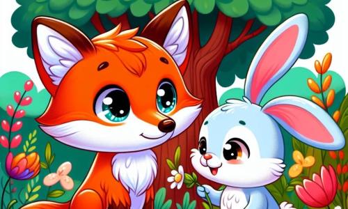 Un pequeño zorro de pelaje naranja brillante, con grandes ojos brillantes y una expresión melancólica, se encuentra en el centro de un jardín colorido, con las patas delicadamente apoyadas en una flor. A su lado, un alegre conejito de largas orejas, con pelaje blanco y suave, mira a su amigo con compasión, los ojos llenos de apoyo, mientras sostiene una pequeña pluma con sus patas. Al fondo, un majestuoso árbol de hojas verdes brillantes se alza, rodeado de flores silvestres de colores vivos, creando una atmósfera pacífica y reconfortante. La escena representa un momento de recuerdo y celebración, donde el zorro y el conejo se reúnen para honrar a un amigo perdido, llenando el aire de tiernos recuerdos y amor.