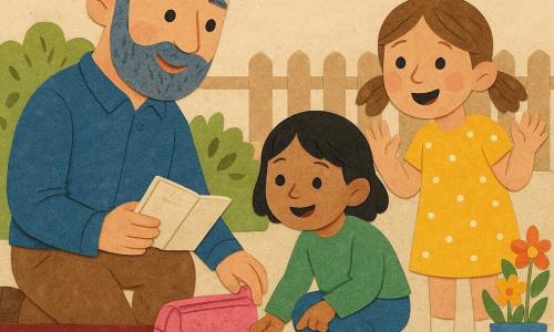 Hombre: alto, con barba corta, pelo corto gris azul, rostro cálido y concentrado, arrodillado, sonriente y amable, sostiene un estuche rosa algo sucio en una mano y un pequeño cuaderno en la otra; Carlota: unos 7 años, pelo castaño claro en coletas, vestido amarillo con lunares, de pie a la derecha del hombre, ojos grandes y alegres, manos levantadas de sorpresa y felicidad; Ana: unos 8 años, pelo negro corto, pantalón azul y sudadera verde, agachada junto a un banco a la izquierda, señalando el suelo embarrado donde se encontró el estuche; Animal: pequeño gato atigrado gris y blanco sentado al pie del banco jugando con una regla multicolor que brilla ligeramente; Lugar: patio de escuela soleado con losas beige, banco de madera rojo oscuro, arbusto pequeño de hojas recortadas, macetas coloridas y valla de madera al fondo; Situación: descubrimiento alegre de un estuche bajo un banco, composición dinámica con personajes cercanos, expresiones claras, texturas de recorte de papel, colores vivos y contrastados, sombras simples y contornos visibles.