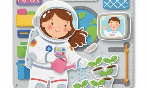 Een glimlachende, rustige vrouwelijke astronaut met bruin golvend haar, rond gezicht en zachte ogen draagt een witte ruimtepak met kleurrijke emblemen en giet water uit een klein roze gieter op zwevende potplanten; onderzoeker Tom verschijnt op een klein verlicht scherm aan de wand en zwaait bemoedigend vanaf de Aarde; groepjes groene bonenplantjes in doorzichtige potjes drijven met glanzende bladeren en waterdruppels; het interieur is een gezellig ruimtemodule met lichtgrijze wanden, kleurige opbergvakken, touwen en netten en een grote ronde ruit waar een blauw-witte Aarde te zien is, warme verlichting en een zachte, eenvoudige compositie voor kinderen, met luchtbellen en een veertje die rondzweven.