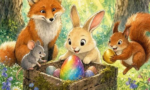 Ein kleiner cremefarbener Hase namens Felix mit sanftem Gesicht und großen rosa Ohren hockt vor einer alten offenen Kiste und hält ein funkelndes Regenbogenei; eine neugierige graue Maus mit glänzenden Augen sitzt am linken Rand und streckt eine Pfote zu den Eiern; ein rötliches, flauschiges Eichhörnchen rechts hält ein goldenes Ei; ein freundlicher hellroter Fuchs sitzt hinten und schaut liebevoll zu; sonnige Waldlichtung mit grünem Gras, Wildblumen, moosbedeckter Kiste und Sonnenstrahlen; Szene: die Tiere öffnen die verzauberte Kiste und entdecken leuchtende, juwelenhafte Eier, warme Gruppenstimmung, zentrierte Komposition, lebendiger, texturierter Farb-Tusche-Stil.