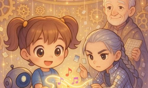 Bambina di 8 anni, capelli castano chiaro a penne, occhi grandi e luminosi, espressione dolce e concentrata, in vestito blu con tasche piene di attrezzi, tiene delicatamente una sottile fascia di luce tremolante sul palmo; piccolo robot Argo, forma rotonda in metallo lucido con grande lente ovale come occhio, attento, sistema piastre sonore vicino alla fascia; adolescente Vega (~15 anni), capelli argentati intrecciati, sguardo deciso, indossa un cappotto di specchietti e posiziona piccoli specchi per riflettere il bagliore; anziano del Concilio ~70 anni, volto rugoso ma benevolo, veste intrecciata di filamenti luminosi, tiene un taccuino vicino a un grande pannello di ingranaggi sullo sfondo; scena in una sala circolare tipo nido d'ape di vetro con volta a cupola, pareti di ingranaggi dorati, specchi scintillanti e fili di luce sospesi, luce soffusa in toni pastello violetta e oro; momento centrale: la bambina pone la mano sulla fascia fragile mentre Argo e Vega la riparano — la fascia ricomincia a cantare visivamente con piccole note colorate e filamenti di luce che si ricongiungono, atmosfera di speranza e cura; stile chibi kawaii, colori pastello saturi, texture lucide e lisce, linee tonde ed espressioni esagerate, composizione incentrata sulle mani e sulla fascia di luce.