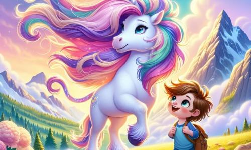 Eine wunderschöne Einhorn namens Luna steht stolz auf einem Berggipfel, ihr Fell schimmert in pastellfarbenen Tönen von Rosa und Violett. Ihre lange, mehrfarbige Mähne weht im Wind, und ihr sanfter Blick drückt sowohl Entschlossenheit als auch Freude aus. Neben ihr steht ein 8-jähriger Junge namens Leo, mit zerzausten braunen Haaren und neugierigen, funkelnden Augen, der fest die Mähne des Einhorns hält. Er trägt ein blaues T-Shirt und Shorts, und sein Gesicht strahlt Mut aus, während er die wunderschöne magische Blume betrachtet, die zu ihren Füßen leuchtet. Die Szenerie ist eine bezaubernde Landschaft mit majestätischen Bergen im Hintergrund, fluffigen Wolken in einem strahlend blauen Himmel und bunten Blumen auf dem grünen Boden. Das goldene Licht der untergehenden Sonne hüllt die Szene in eine magische Atmosphäre. Die Hauptsituation zeigt Leo und Luna vereint in einem mutigen Moment, während sie die magische Blume vor bedrohlichen Windböen schützen, entschlossen, sie sicher zu bewahren und die Schönheit ihrer Welt zu erhalten.