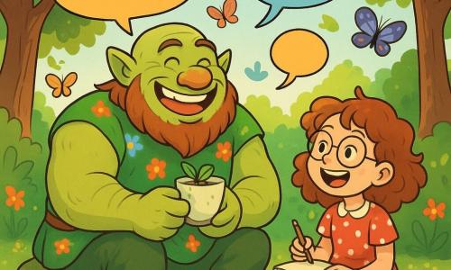 Ein fröhlicher Ogre namens Ogromir mit einem strahlenden Lächeln, einem bärtigen Moosgrin und funkelnden Augen sitzt auf einem großen, moosbedeckten Stein und hält eine Tasse Minztee. Er trägt eine grüne Leinentunika, die mit bunten Blumen verziert ist, und seine muskulösen Arme sind über seinen Knien verschränkt. Neben ihm beobachtet ein 8-jähriges Mädchen mit lockigem Haar und runden Brillen den Ogre voller Staunen. Sie trägt ein gepunktetes Kleid und hält ein Skizzenbuch, bereit, ihren neuen Freund zu zeichnen. Die Szenerie ist eine verzauberte Lichtung, umgeben von knorrigen Bäumen mit glänzenden Blättern, wo bunte Blumen im Wind tanzen. Schimmernde Schmetterlinge fliegen um sie herum und verleihen der Atmosphäre einen Hauch von Magie. Ogromir erzählt eine lustige Geschichte, während das Mädchen herzhaft lacht, ihre Augen vor Aufregung leuchten. Bunte Sprechblasen schweben um sie herum und illustrieren die Witze und das Lachen, die in diesem Moment der fröhlichen Verbundenheit geteilt werden.