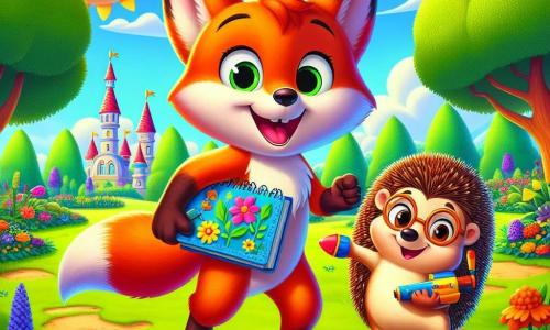 In the foreground, Finn the fox, a young fox with bright orange fur and large, sparkling eyes full of excitement, is jumping for joy while holding a sketchbook filled with colorful drawings. Beside him, Max the hedgehog, with his brown spines and round glasses, smiles proudly while holding a small plastic rocket model. In the background, a lush park stretches out, filled with colorful flowers and majestic trees, where other animals are playing and laughing. The scene exudes a joyful and sunny atmosphere, capturing the spirit of adventure and friendship of an unforgettable summer.
